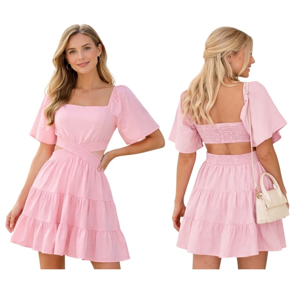 Womens Pastel Pink Tiered Mini Dress Coquette Smocked Flutter Sleeve Size M NEW